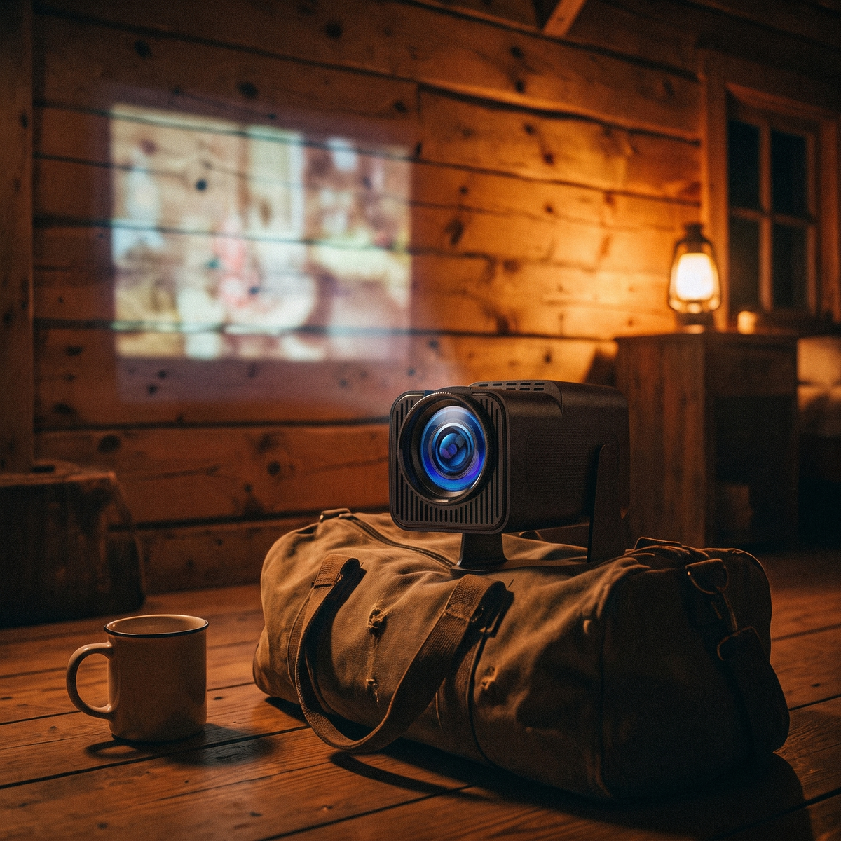 Mini projector on a duffel bag projecting onto a cabin wall