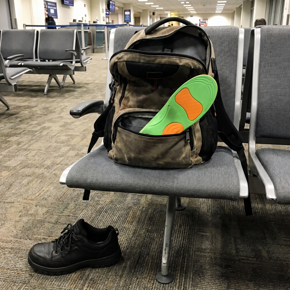 Backpack at an airport gate with the arch support insole in the pocket