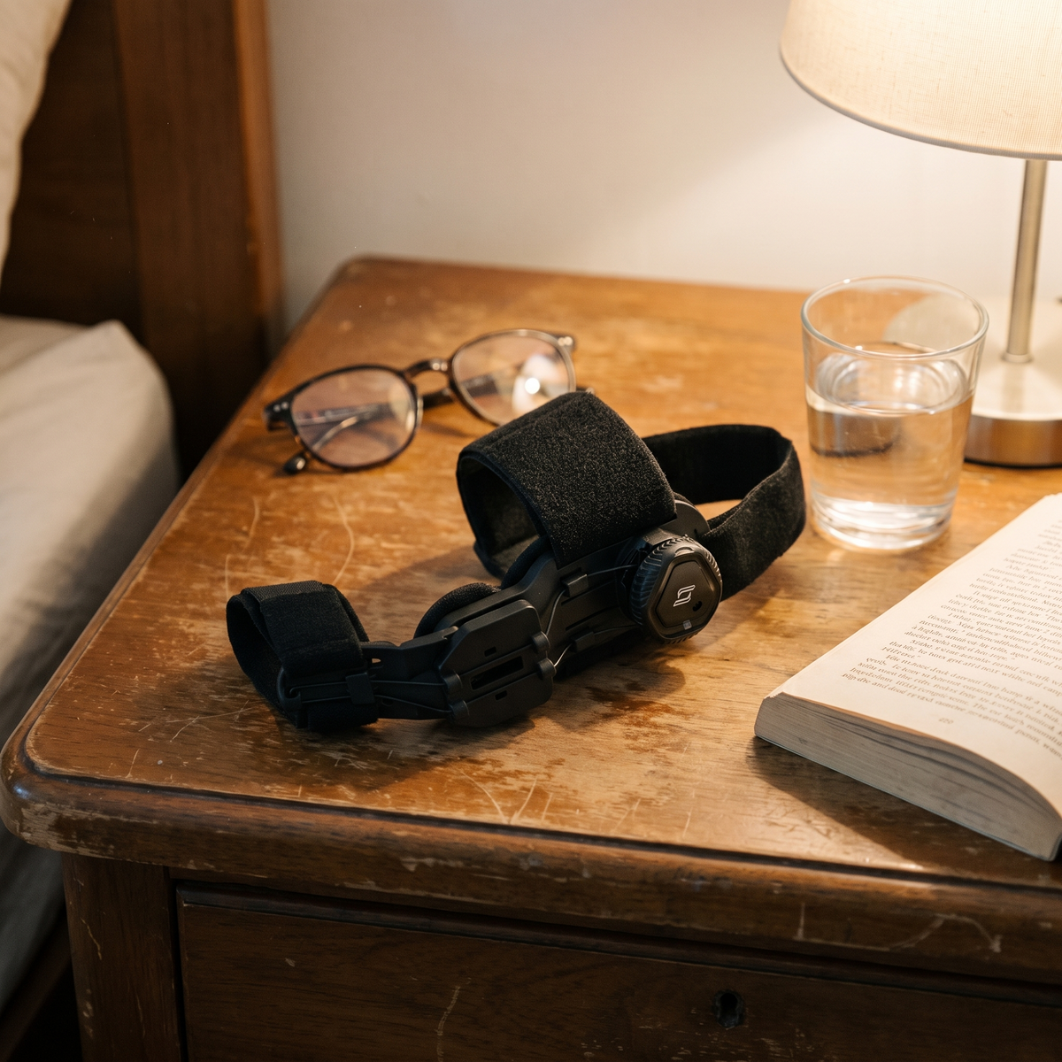 Bunion corrector brace on a nightstand with reading glasses and a book