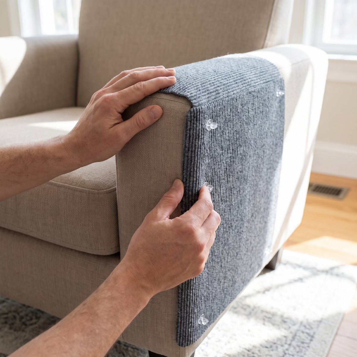 Hands pressing the twist pins of the couch protector into an armchair