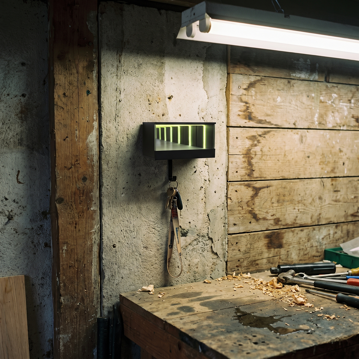 Infinity LED key holder on a garage wall above a workbench