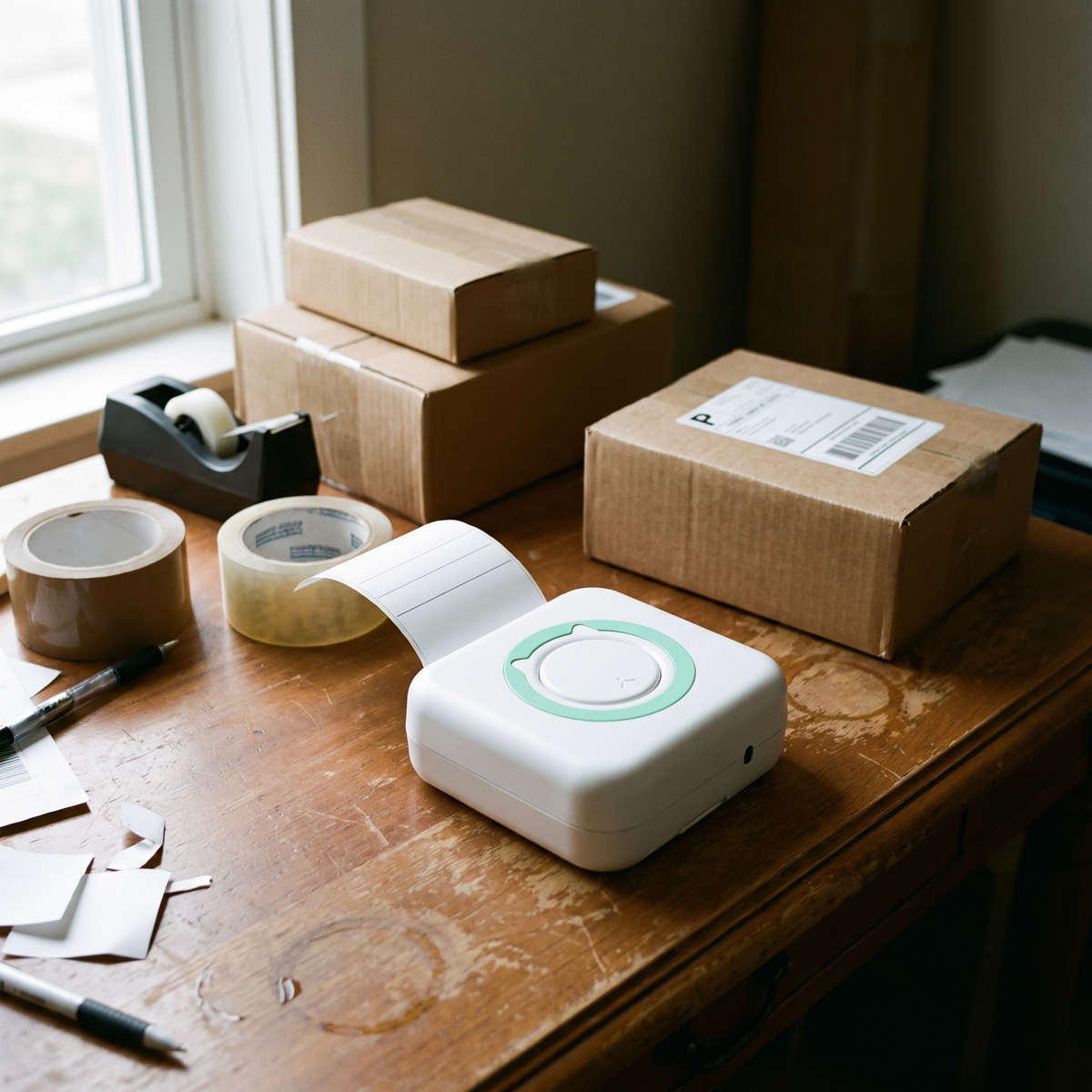 Portable thermal label printer on a home office desk printing a shipping label