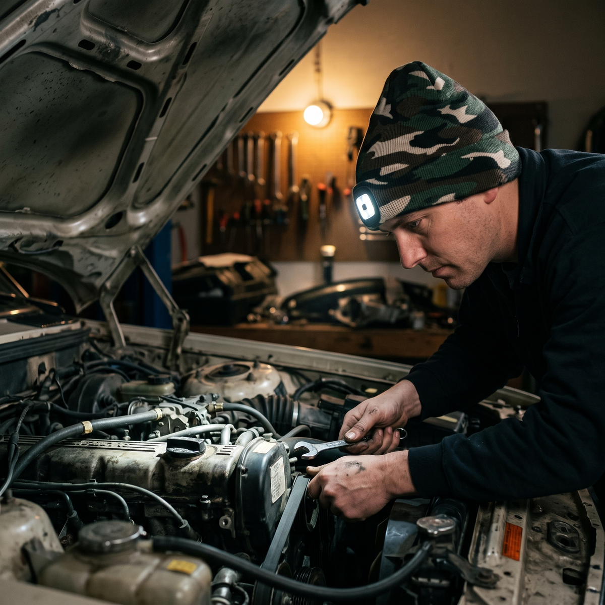 Man in the LED beanie working under a car bonnet at night