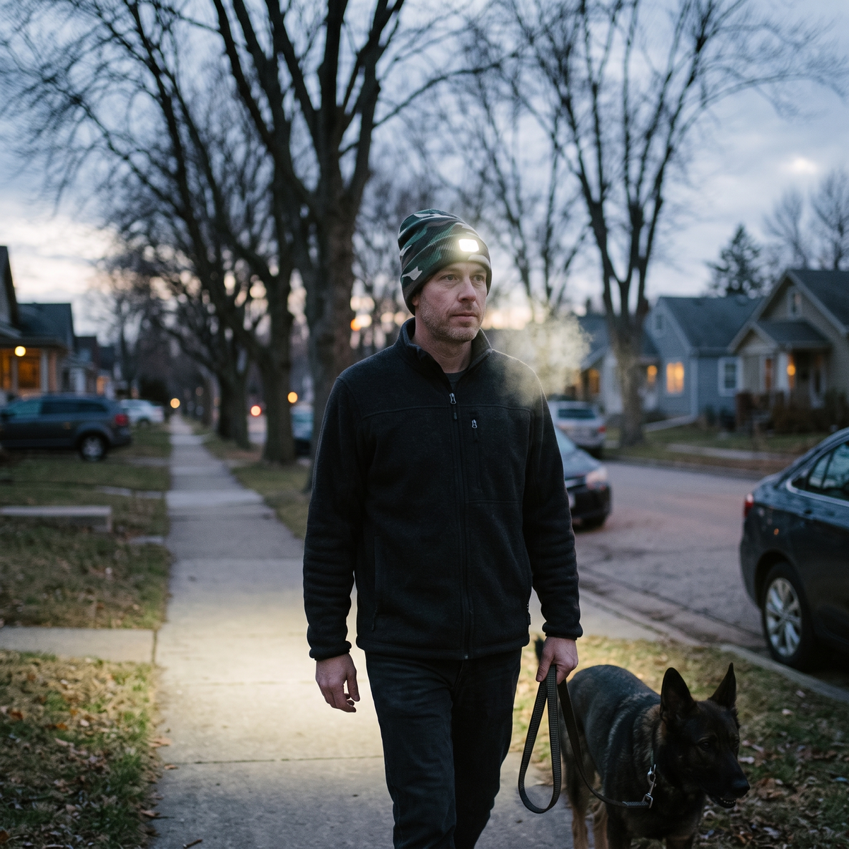 Man walking a dog at dusk wearing the LED beanie hat with headlamp lit