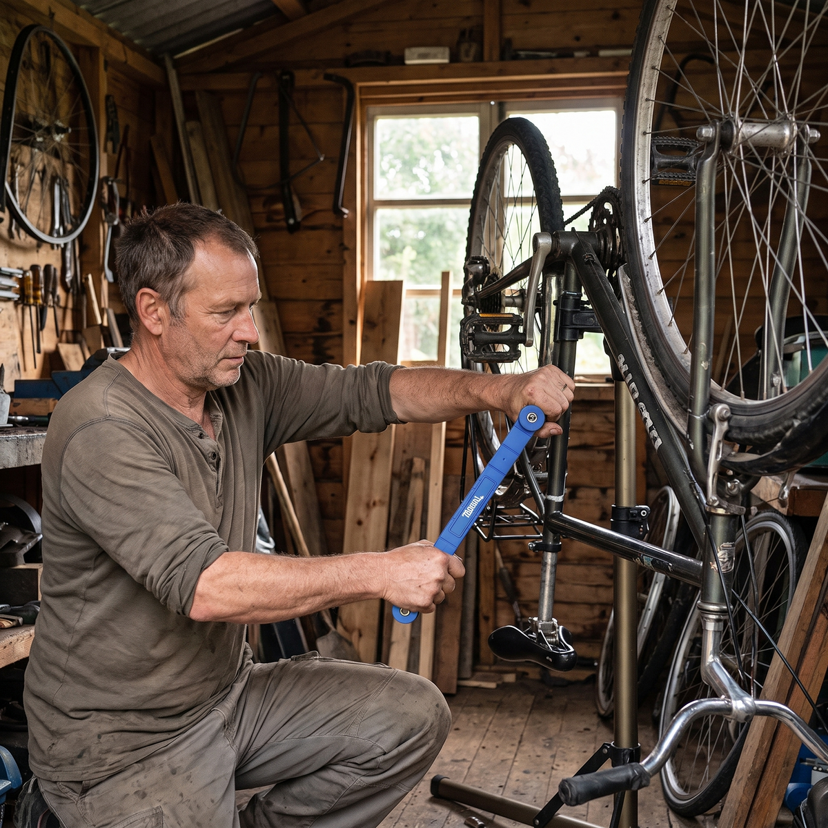 Man using the flexible extension wrench on a bicycle bottom bracket