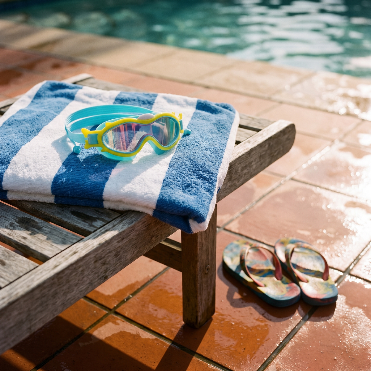 Kids swim goggles resting on a folded towel on a poolside bench