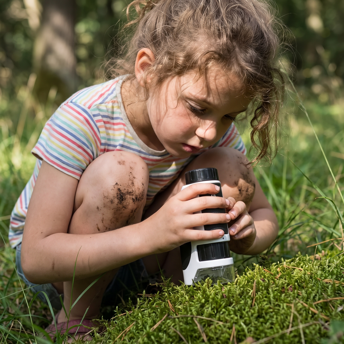 Girl crouched in the grass using the handheld microscope on moss