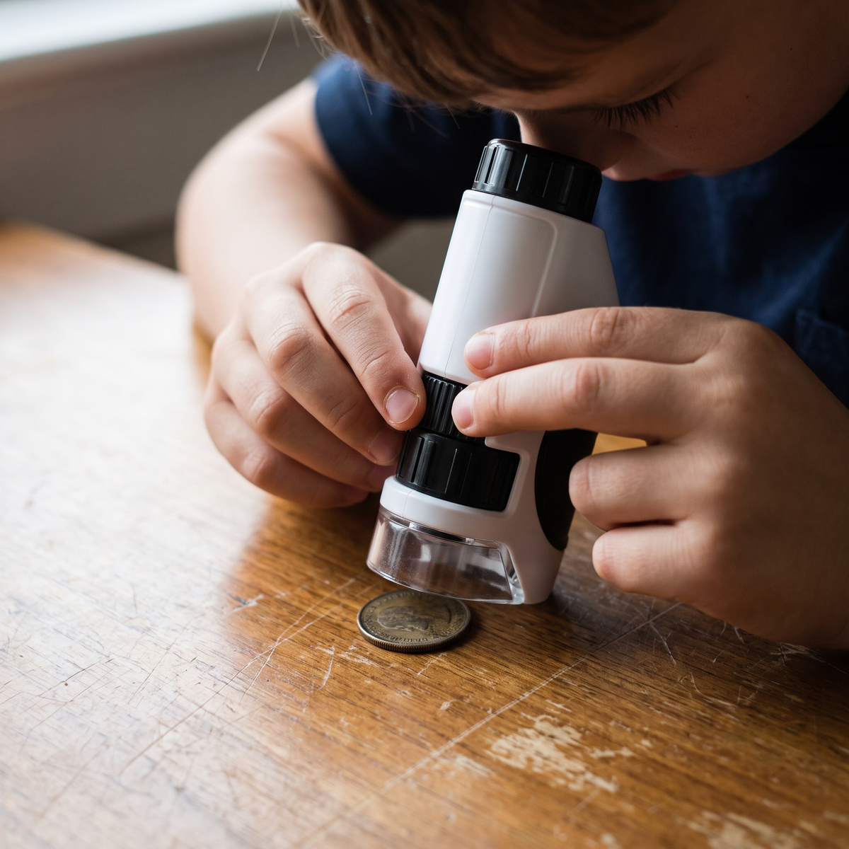 Child's hands turning the focus wheel on the handheld microscope