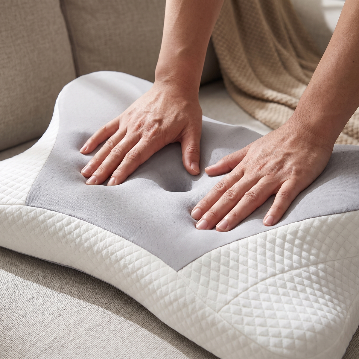 Hands pressing the memory foam of the ergonomic neck pillow to show it spring back