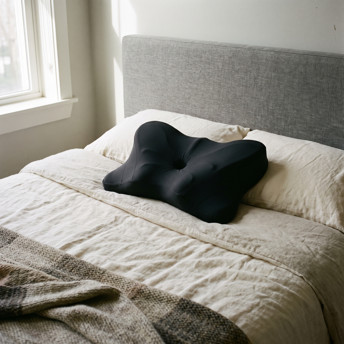 Black ergonomic foam neck pillow at the head of a neatly made bed