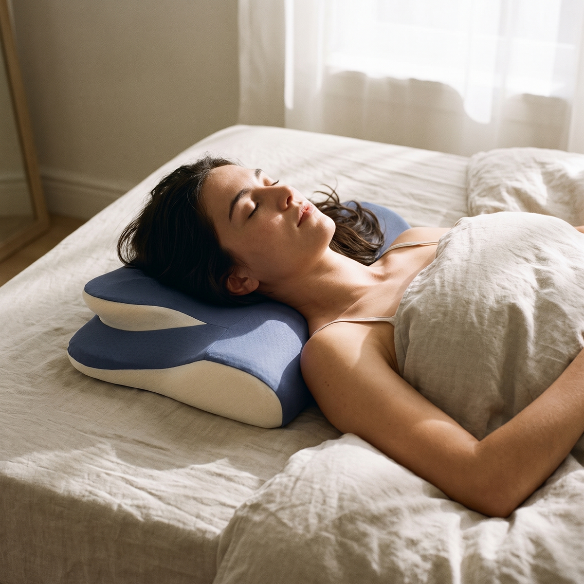 Woman asleep on her back in bed with her head resting on the blue ergonomic foam neck pillow