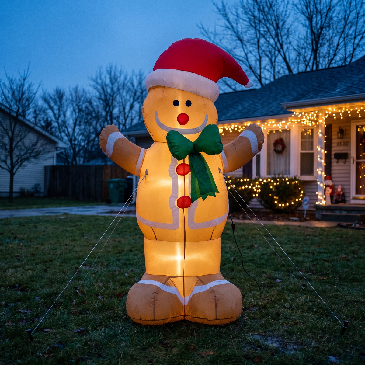Inflatable gingerbread man glowing on a suburban front lawn at dusk