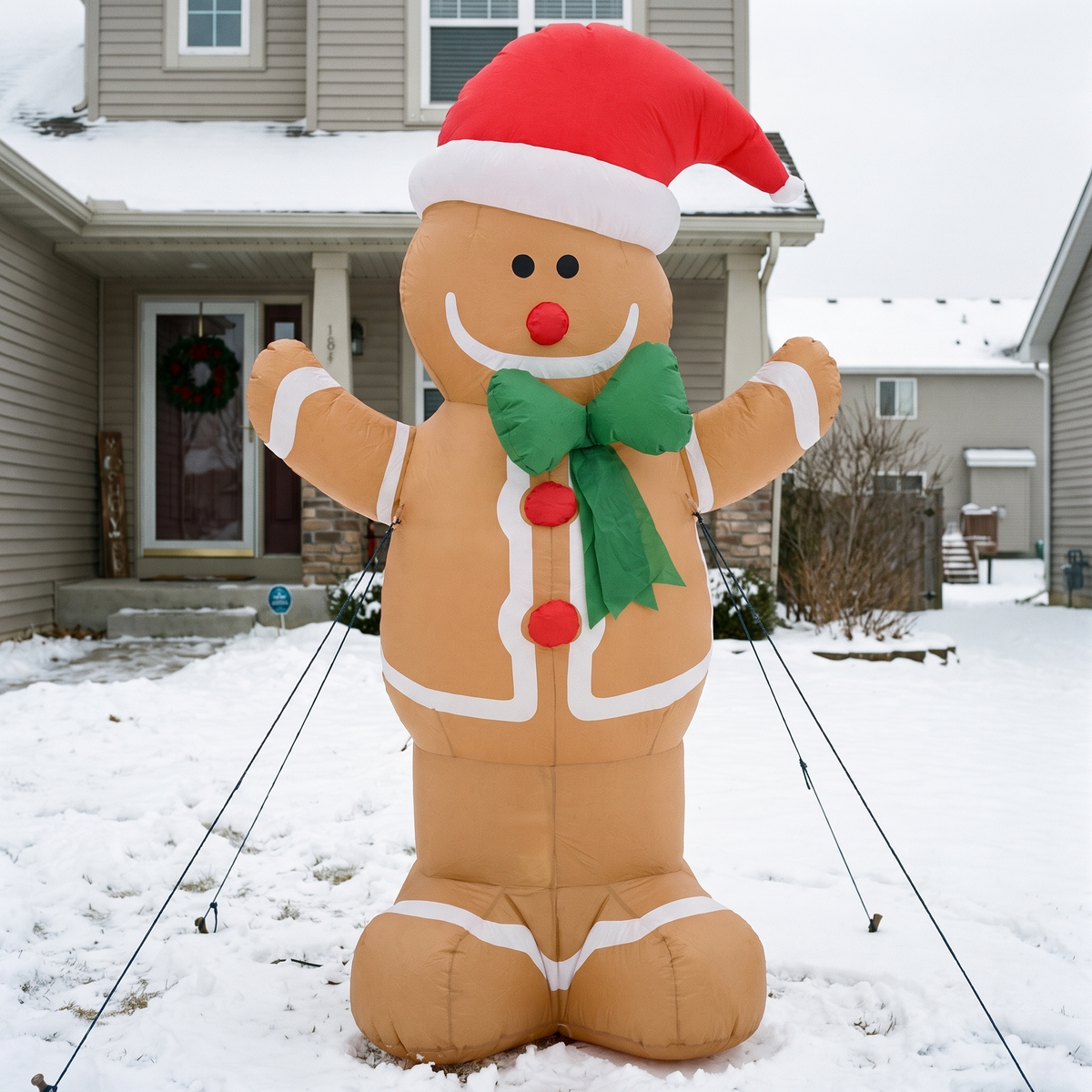 Inflatable gingerbread man on a snow covered front garden on an overcast day