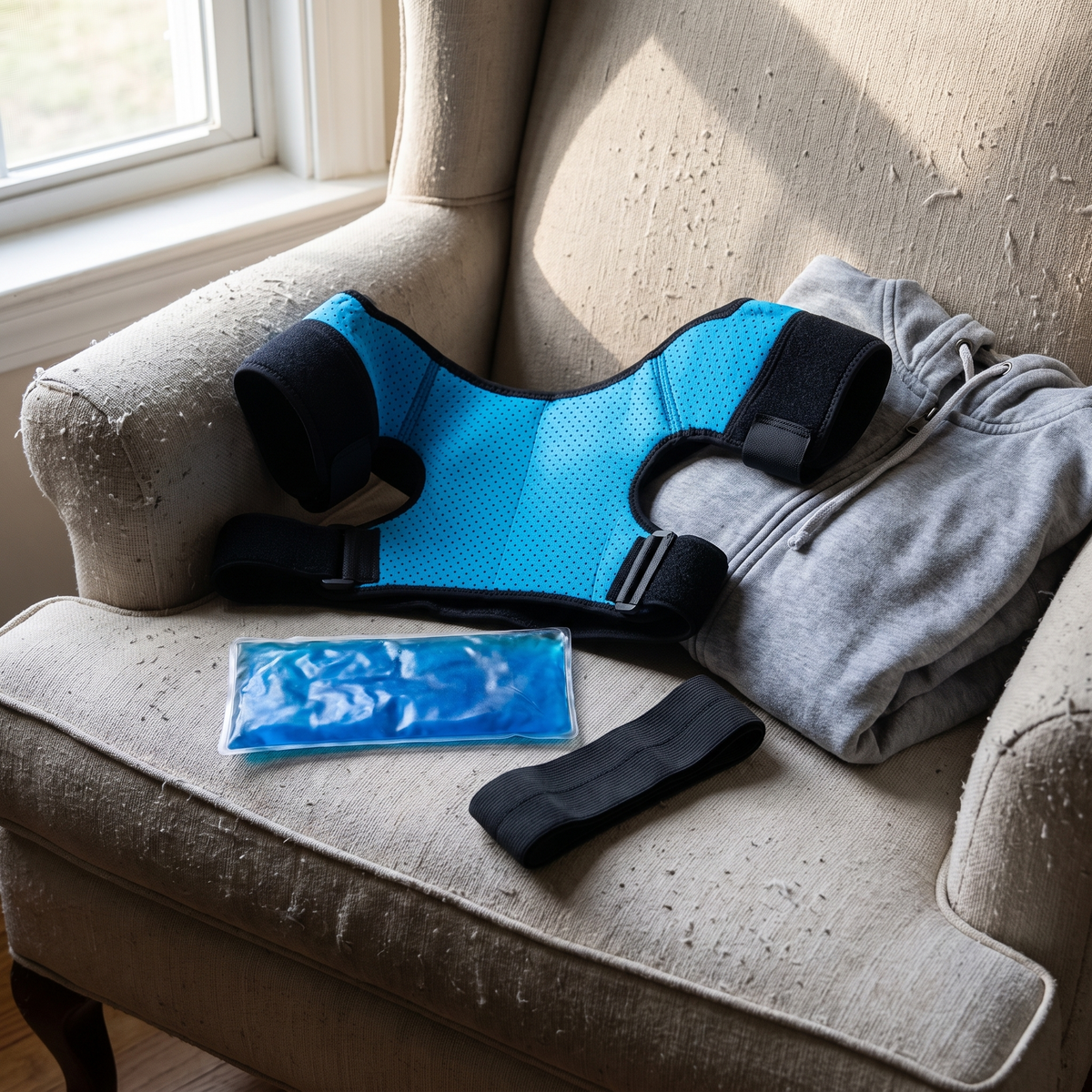 Blue shoulder brace laid open on a bedroom chair with its gel ice pack