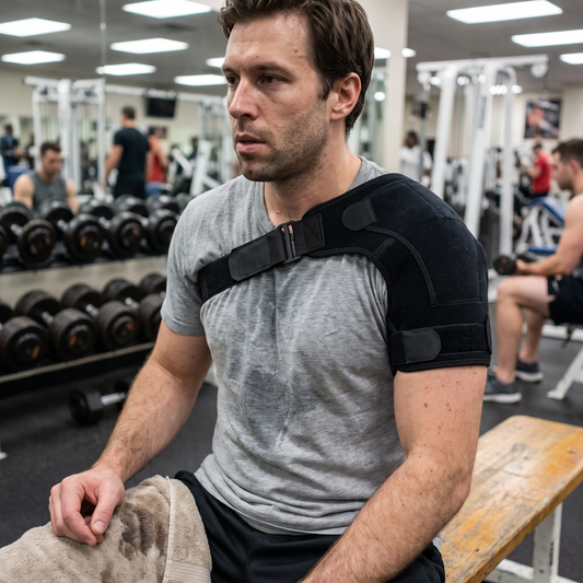 Man resting between sets in a gym wearing the black shoulder brace over a t-shirt