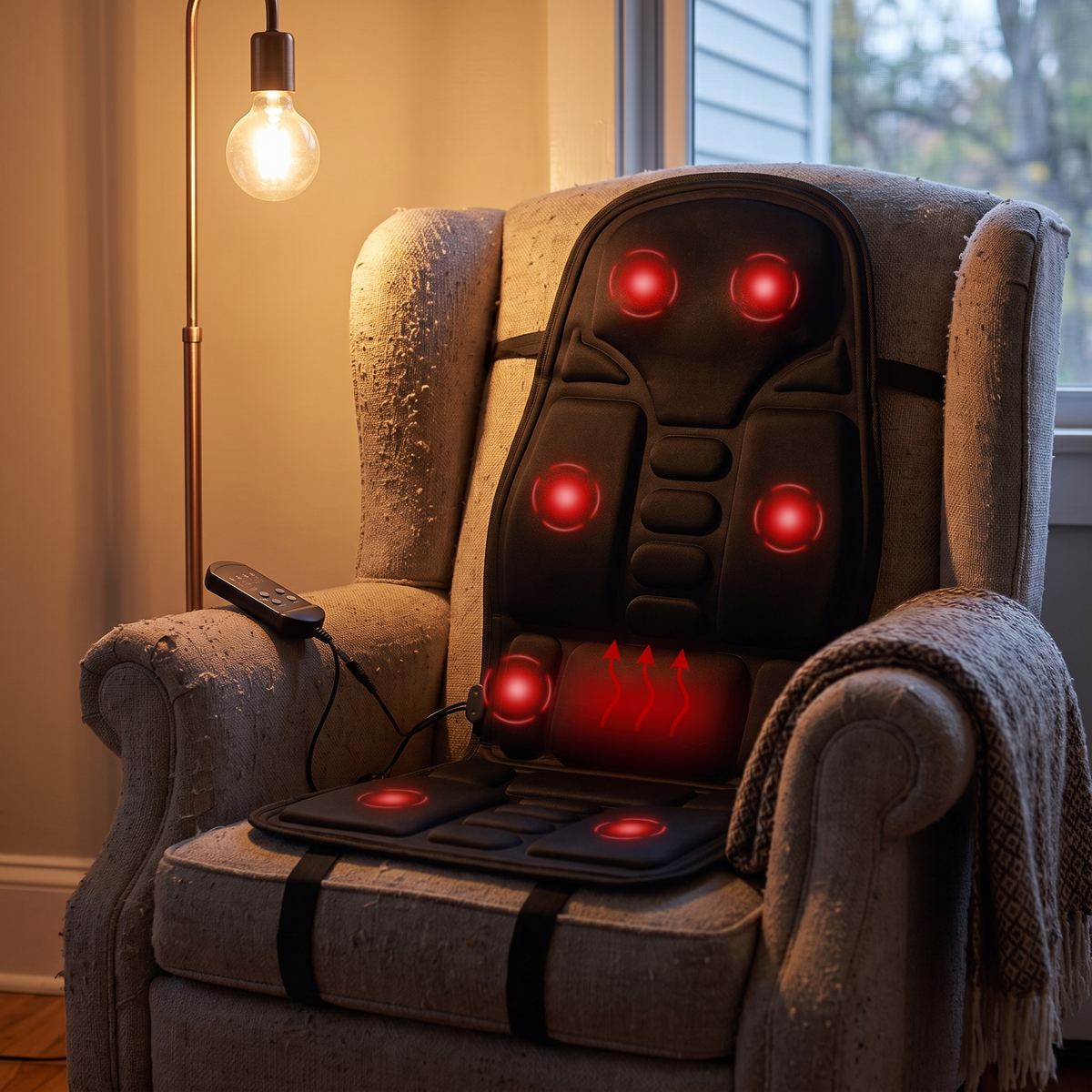 Massage cushion on a living room armchair in warm evening lamplight