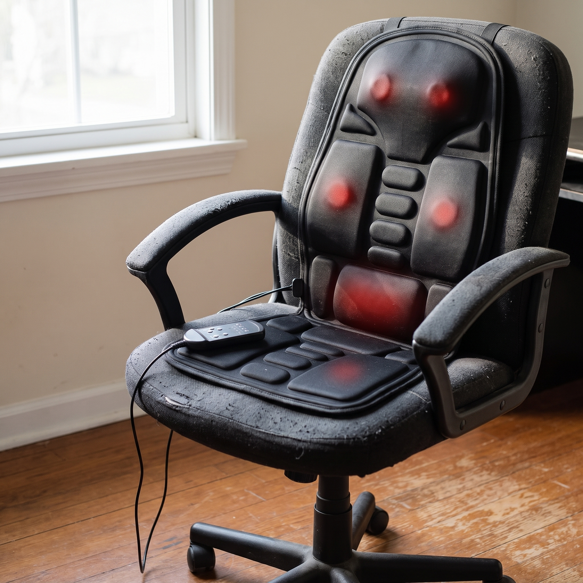 Massage cushion strapped to an empty desk chair in a home office