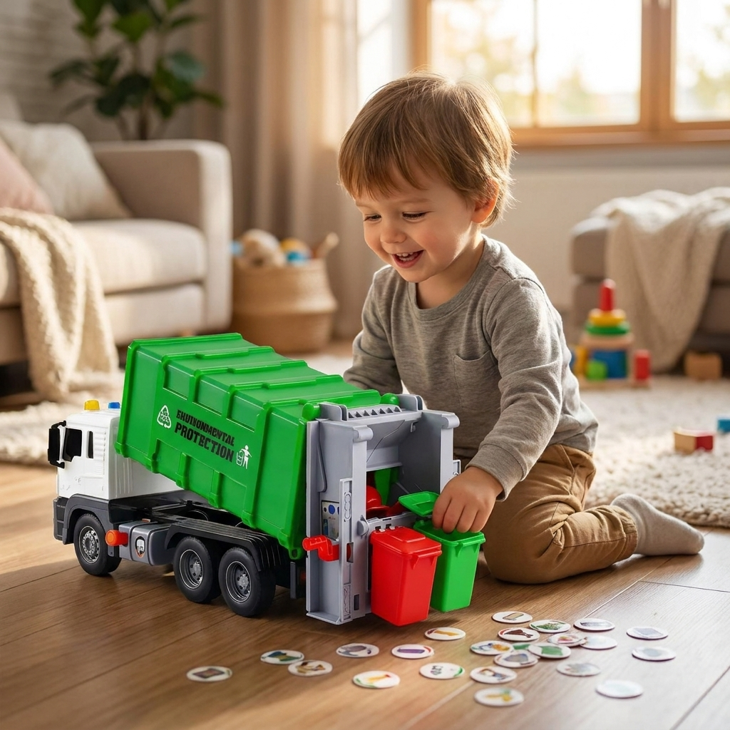Interactive Garbage Truck Toy in use with lifestyle background