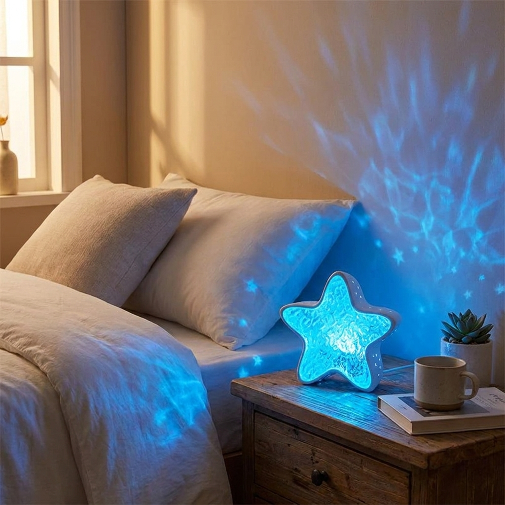 Starfish Ocean Wave Night Light Projector in use with lifestyle background