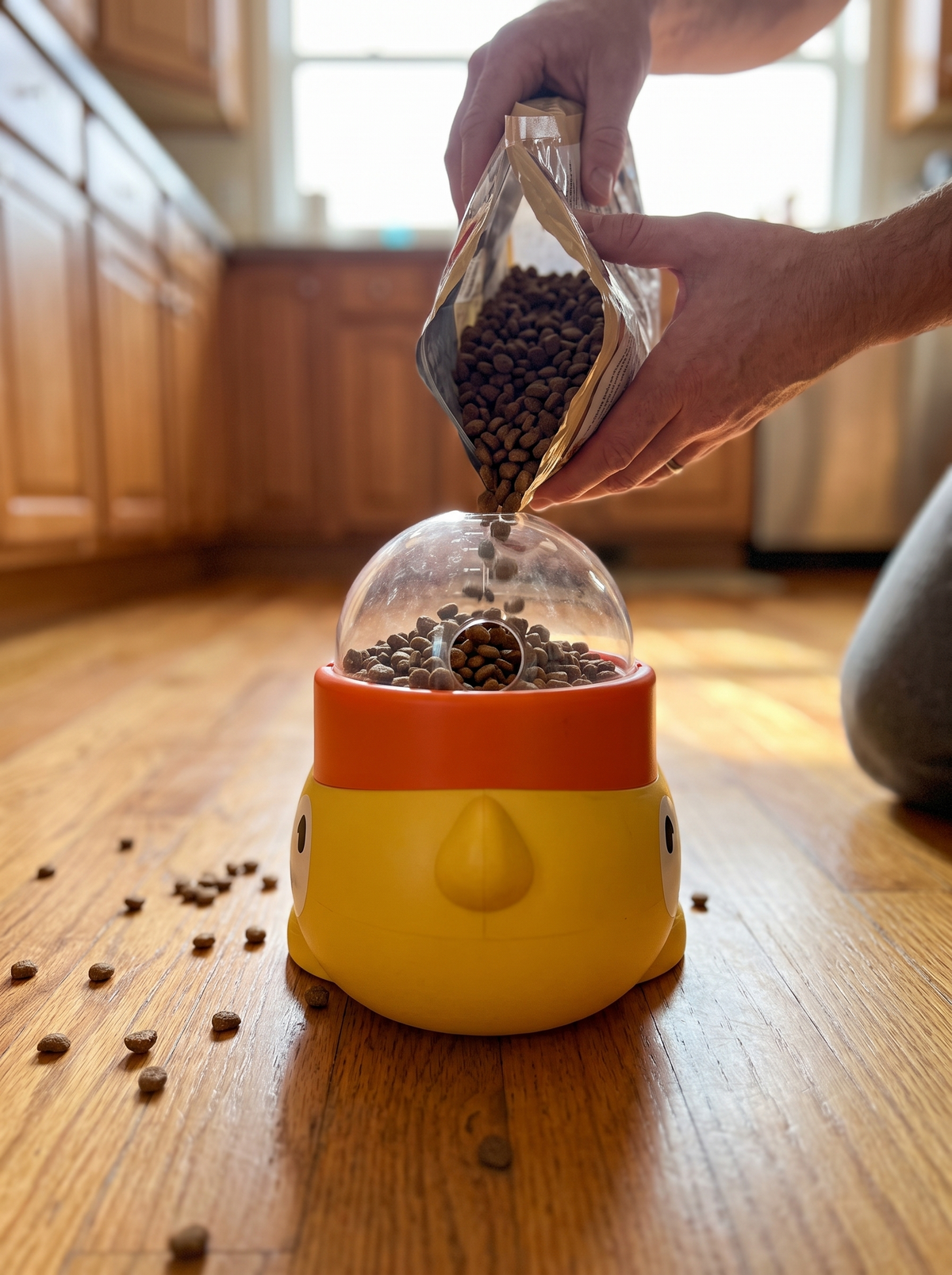 Filling the duck shaped dog puzzle feeder