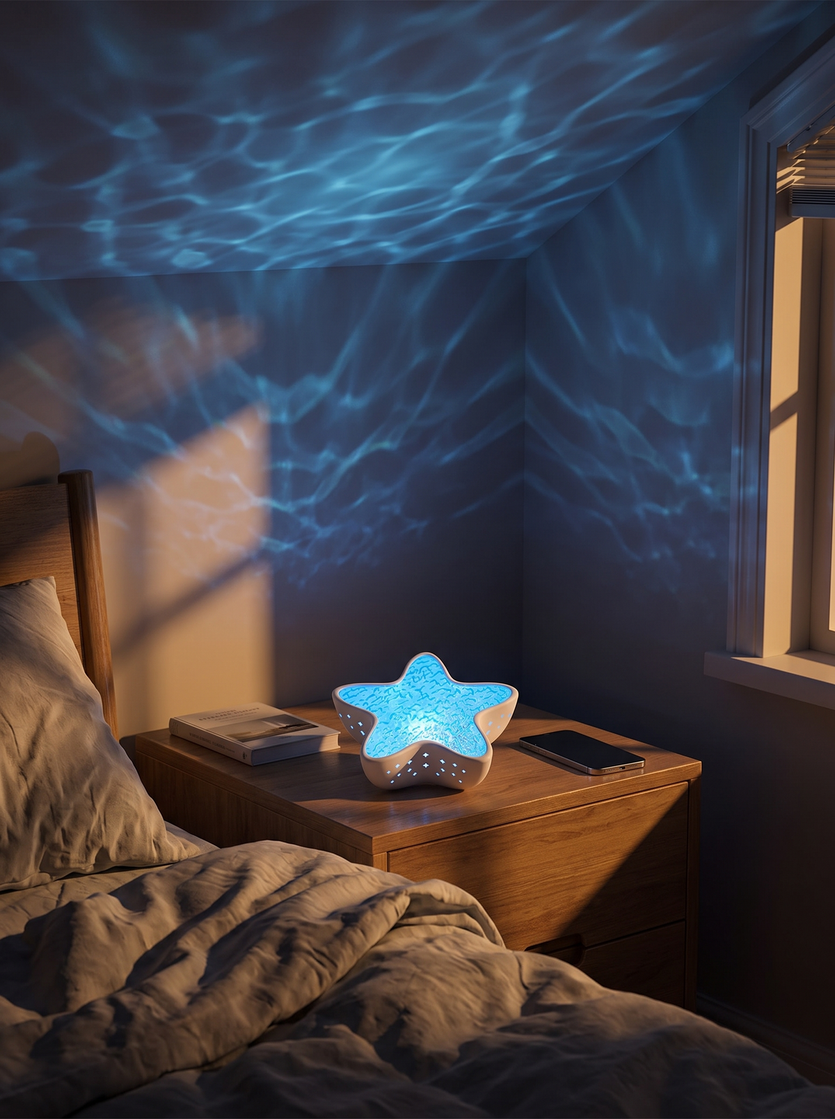 Starfish ocean wave night light projecting on a bedroom ceiling