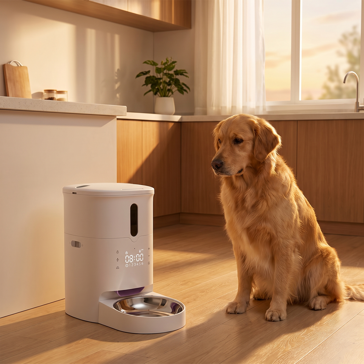 Dog waiting beside the automatic feeder for a scheduled meal