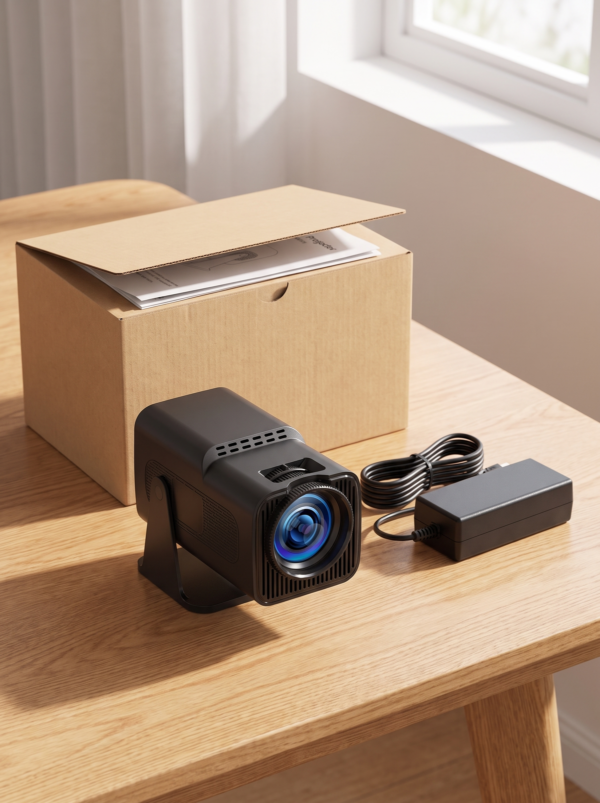Mini projector unboxed with its power adapter