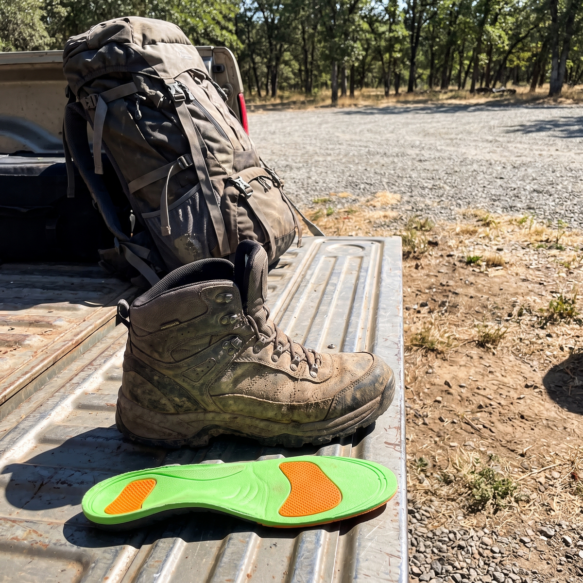 Hiking boot on a car tailgate with the arch support insole beside it