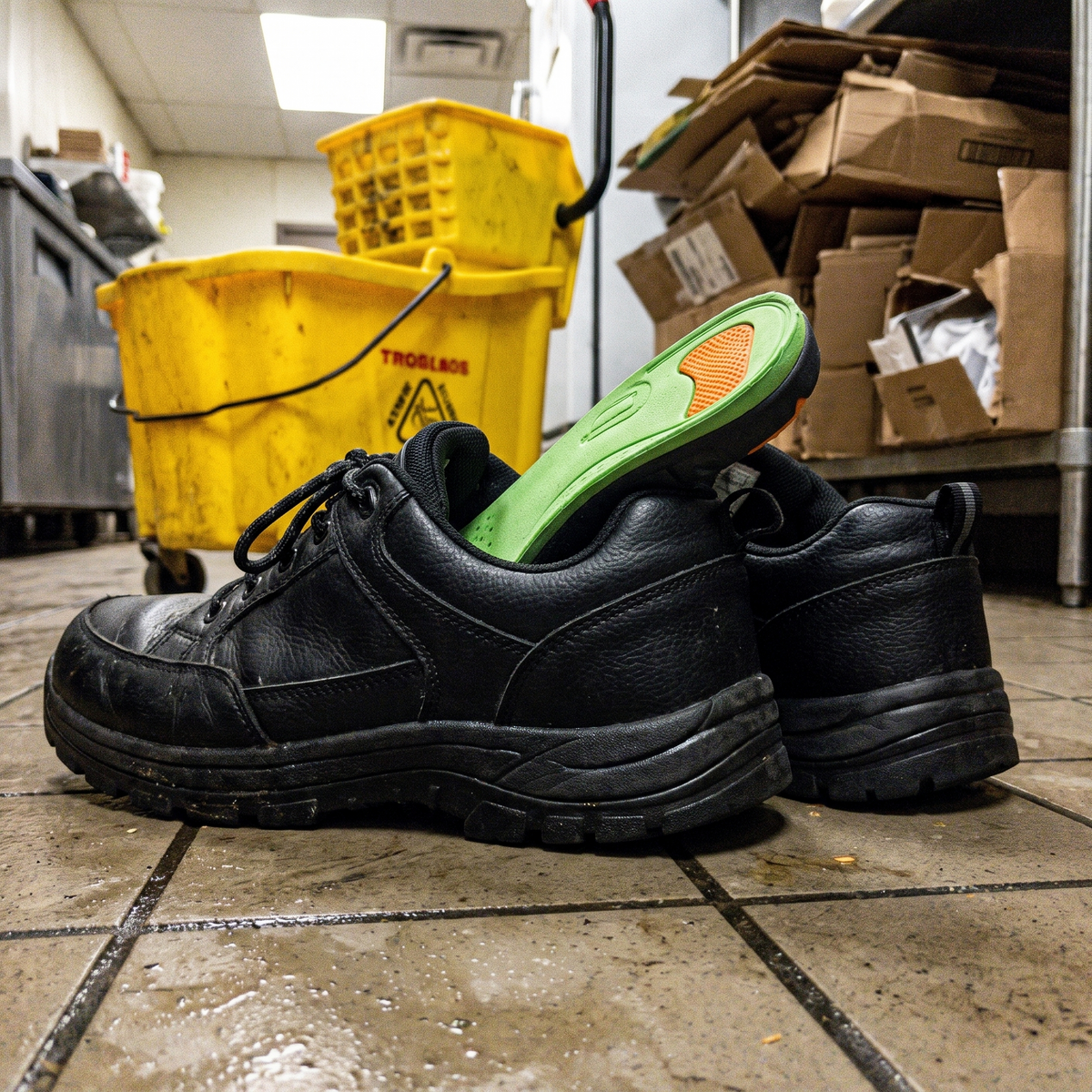Non-slip work shoes with the orthotic insole propped inside
