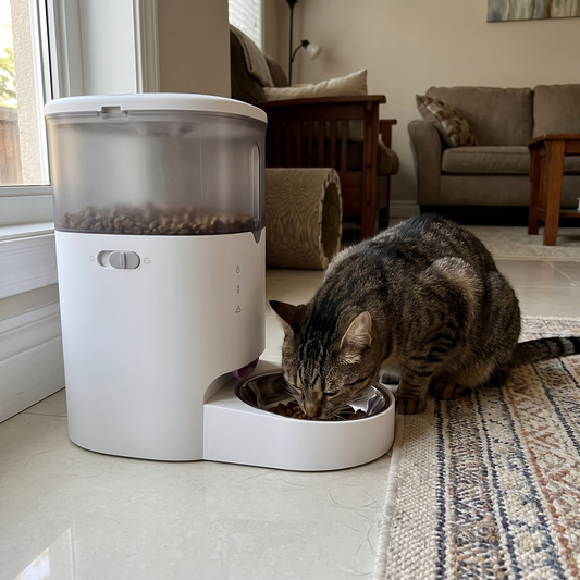 Cat eating from the smart automatic pet feeder on a living room floor