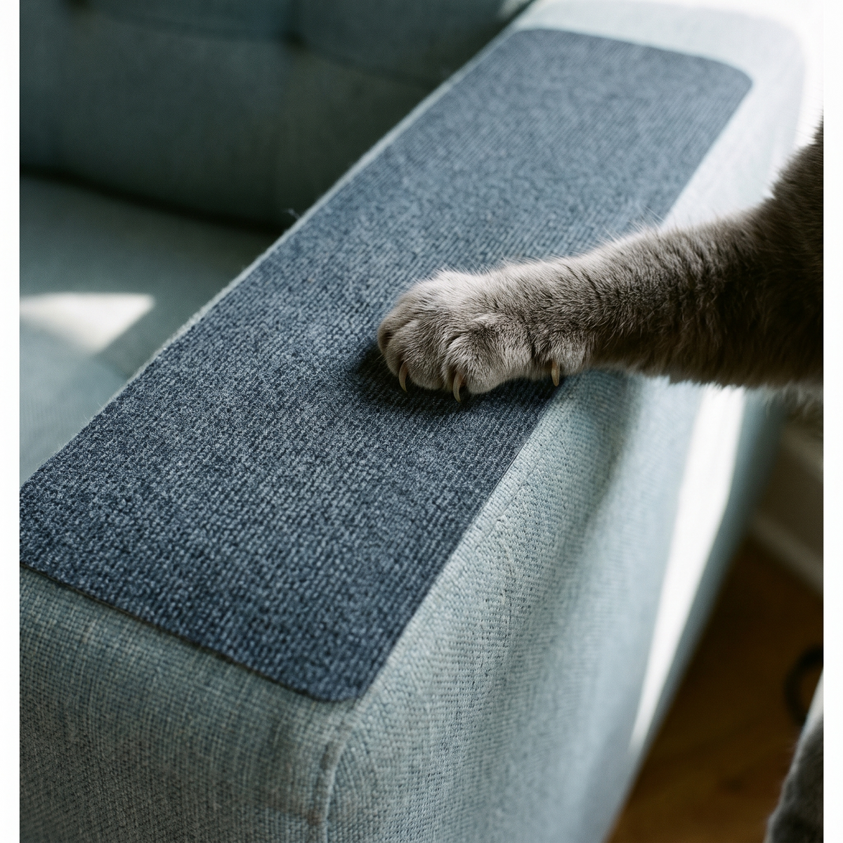 Close detail of the scratch protector lying flat on a linen sofa arm with a cat paw