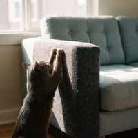 Cat stretching its claws against the couch protector panel on a sofa corner