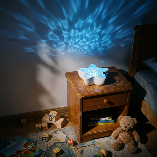 Ocean wave night light projector casting blue ripples across a dark bedroom