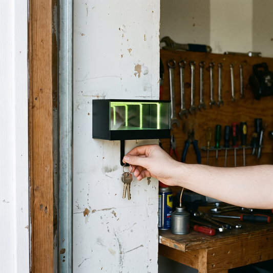 Infinity LED key holder on a garage wall with car keys hanging on it