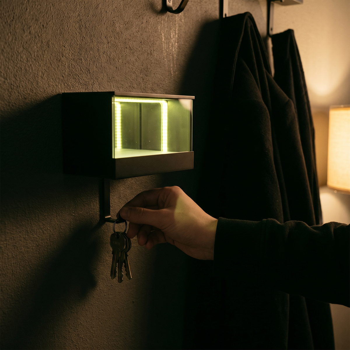 Hand hanging keys on the infinity LED key holder in a dim entryway
