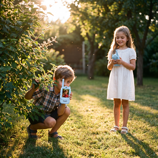 Two children using the kids video walkie talkies in a back garden