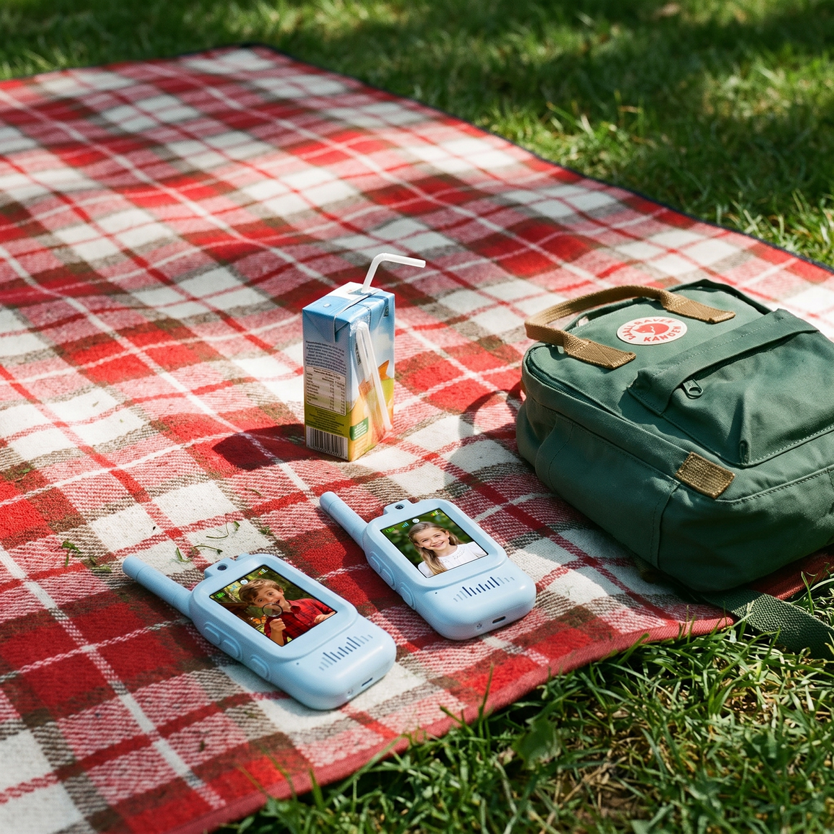 Pair of kids video walkie talkies on a picnic blanket in a park