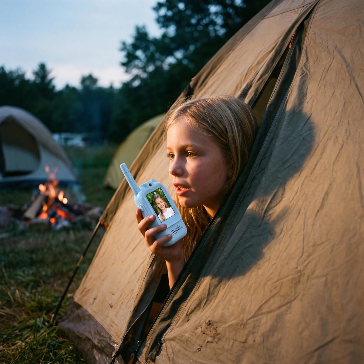Girl leaning out of a tent speaking into the kids video walkie talkie at dusk