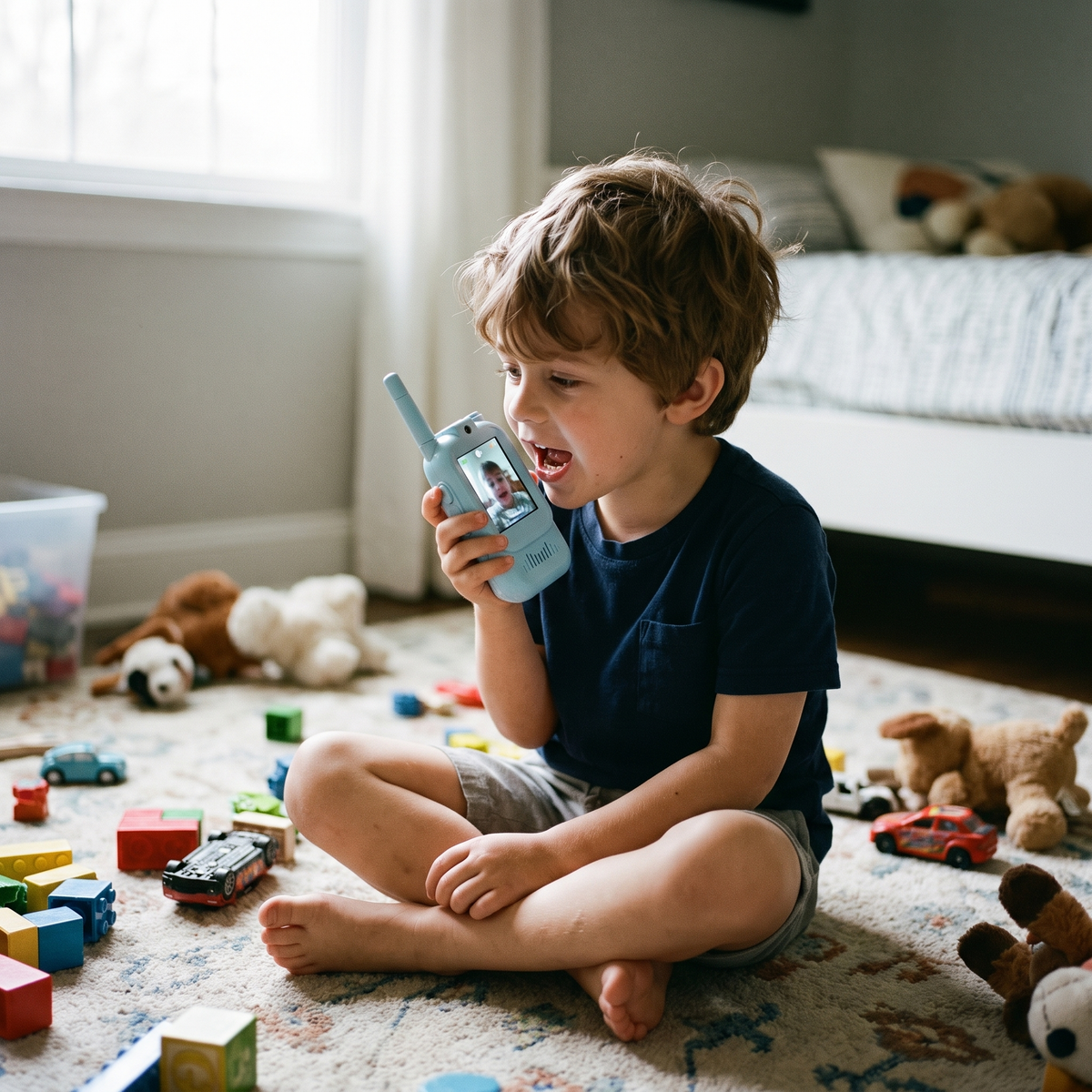 Boy on a bedroom carpet talking into the kids video walkie talkie