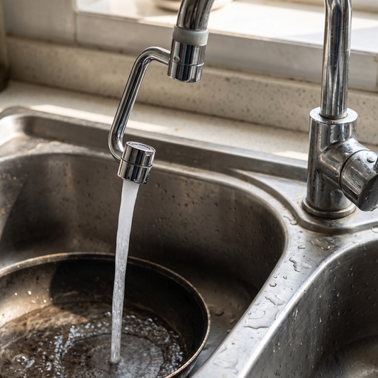 Rotating faucet extender on a kitchen tap filling a pan in the sink