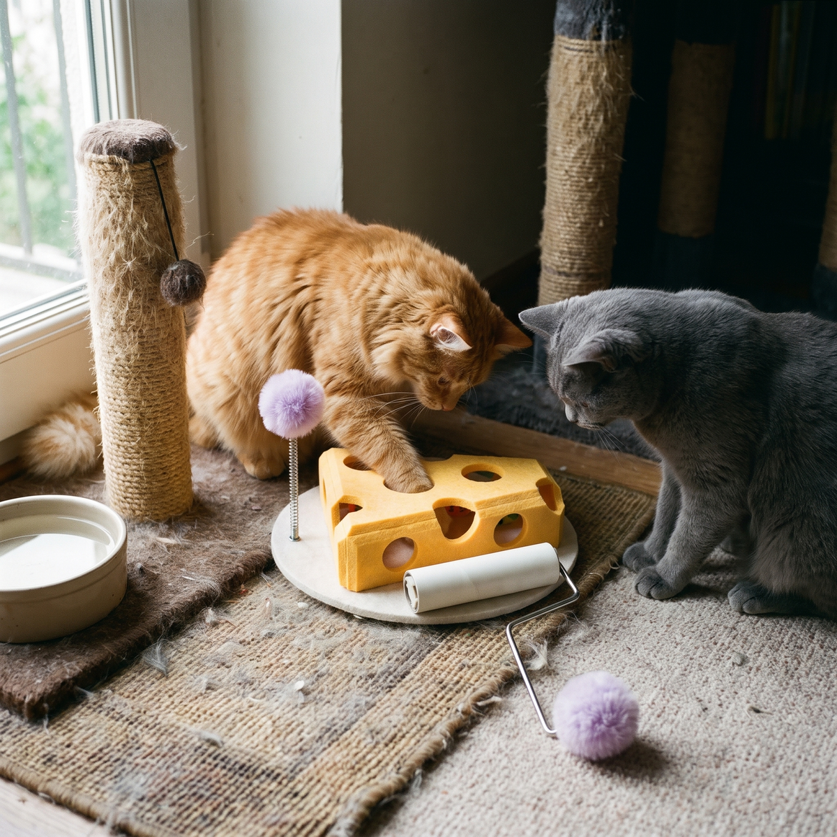 Two cats sharing the felt puzzle box in a lounge corner