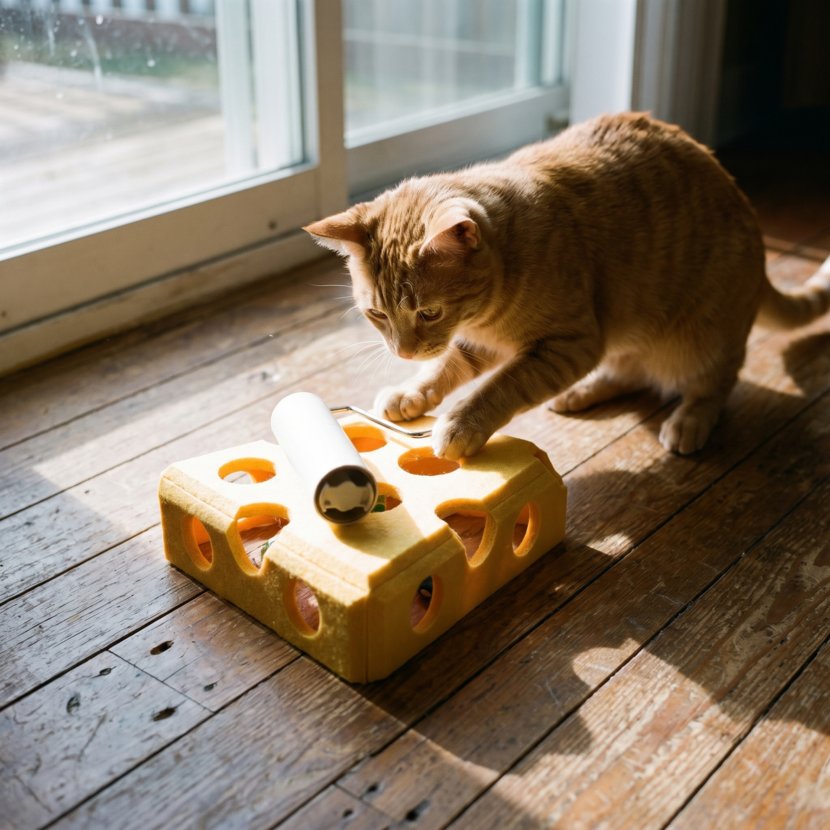 Ginger cat crouched over the felt puzzle box on a sunlit wooden floor