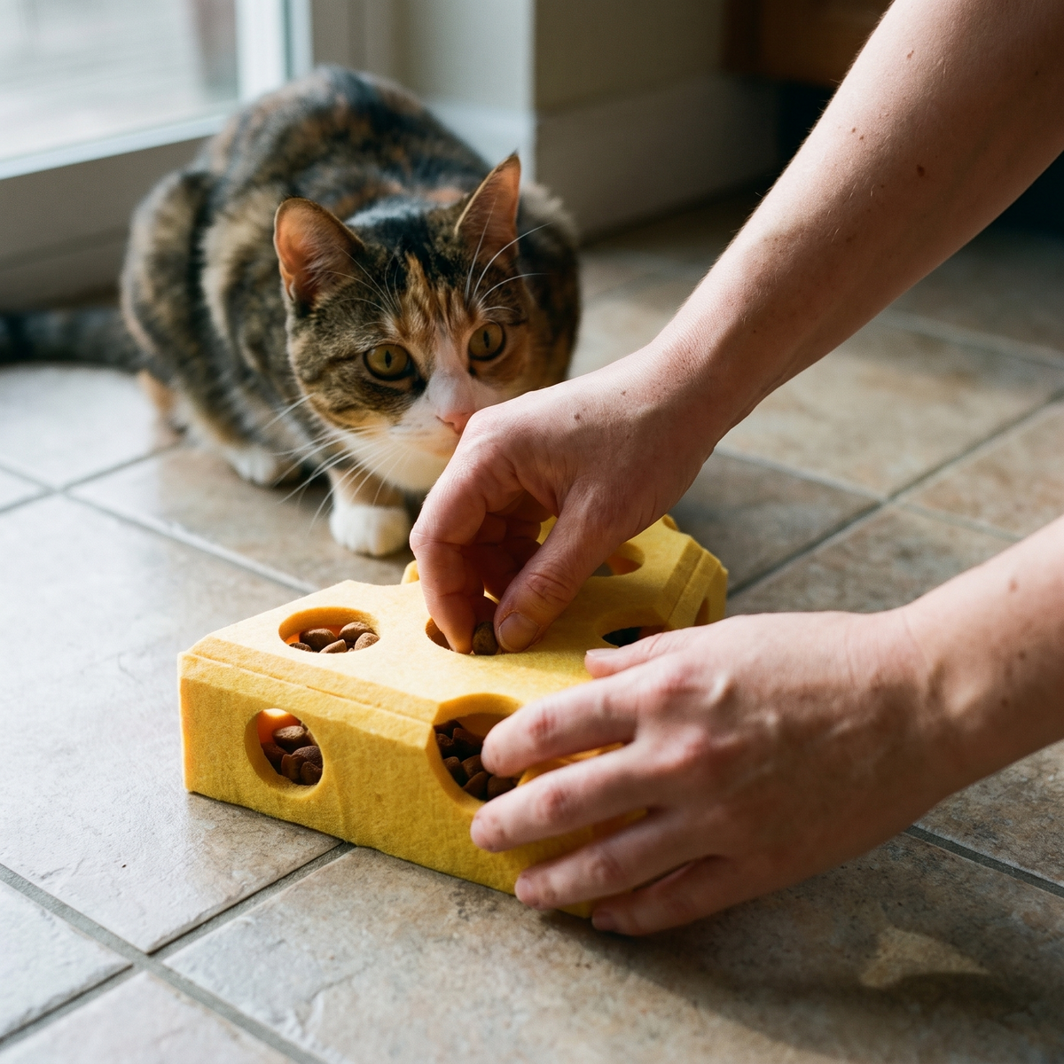 Hands tucking treats into the holes of the felt cat puzzle box