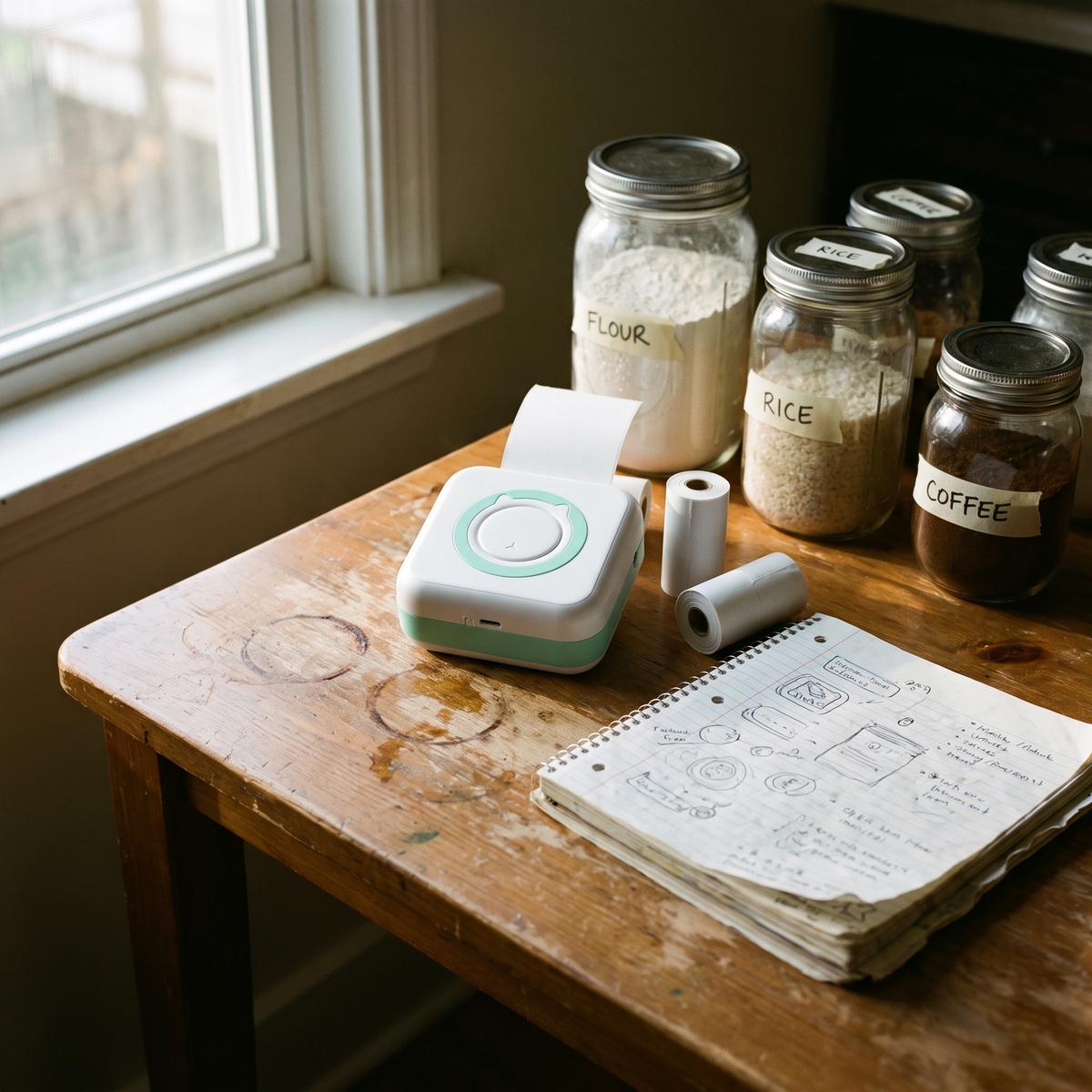 Portable label printer on a kitchen table beside labelled storage jars