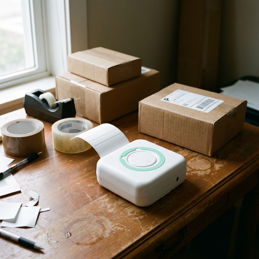Portable thermal label printer on a home office desk printing a shipping label