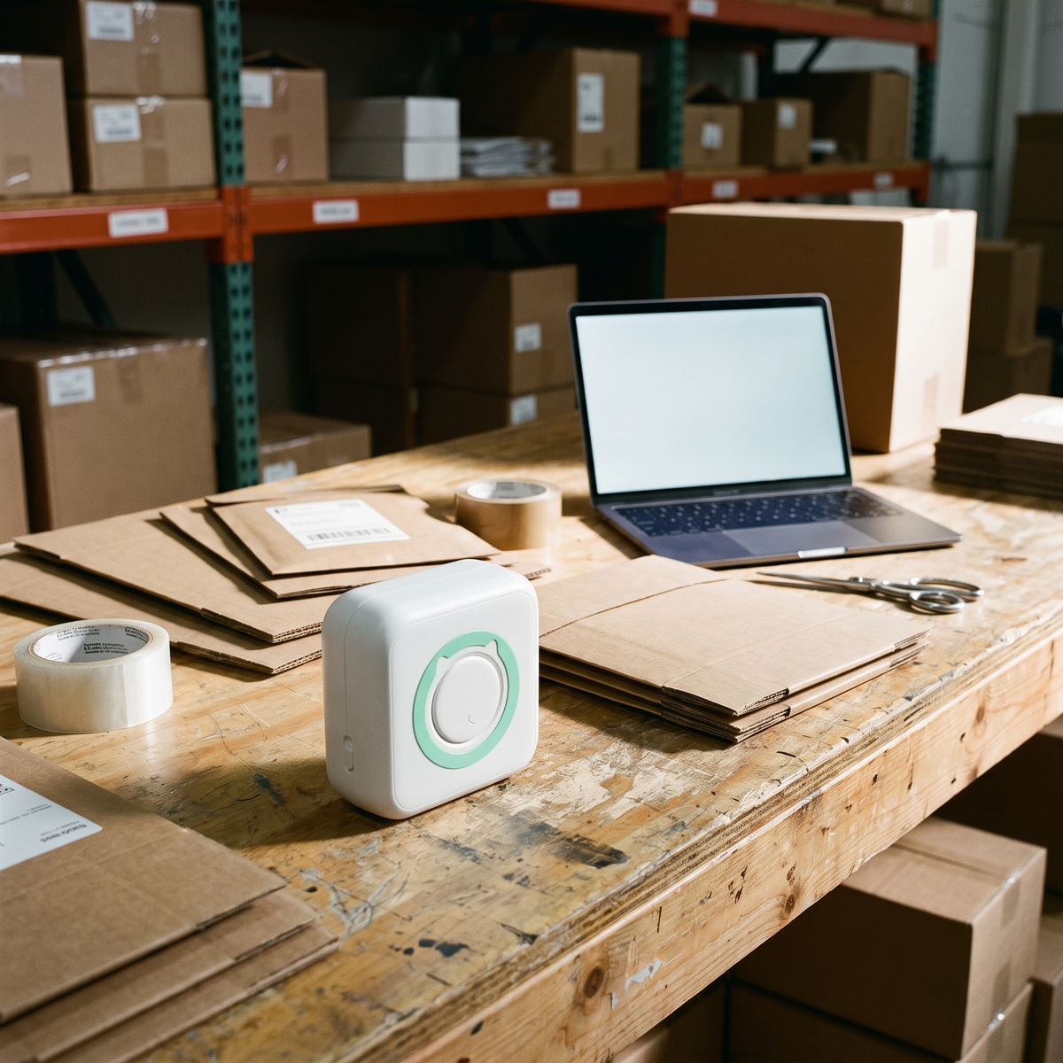 Thermal label printer on a small business packing bench with mailers