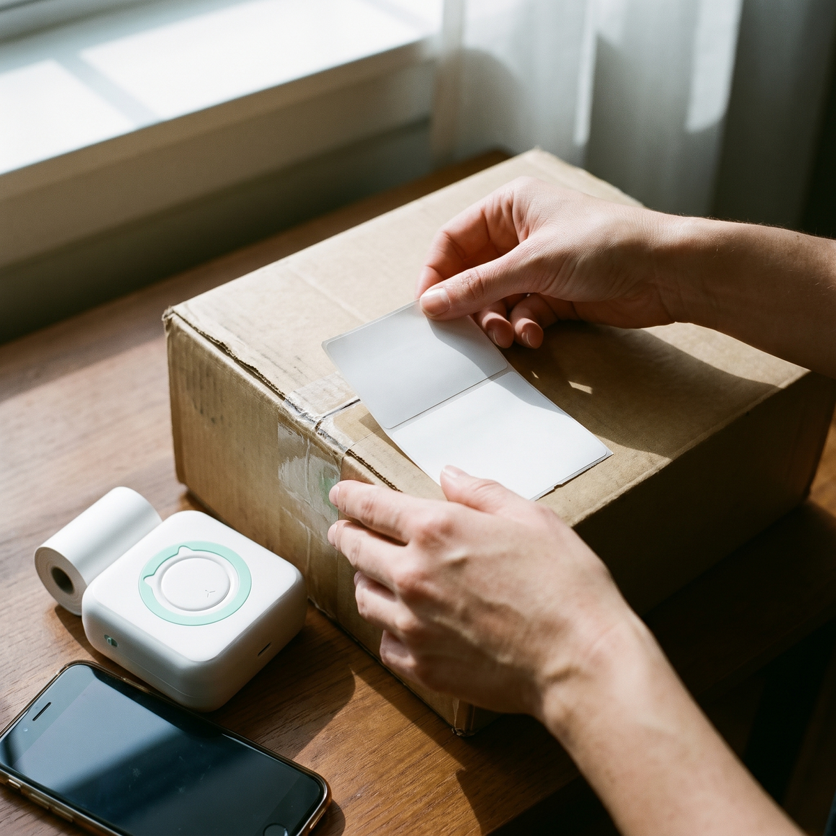 Hands sticking a printed label onto a cardboard box beside the label printer