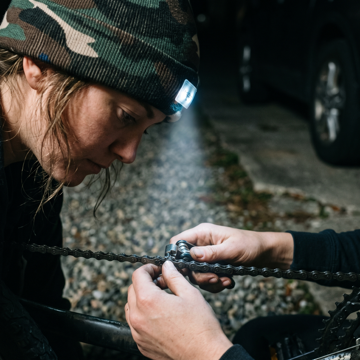 Woman in the LED beanie adjusting a bike chain by its beam