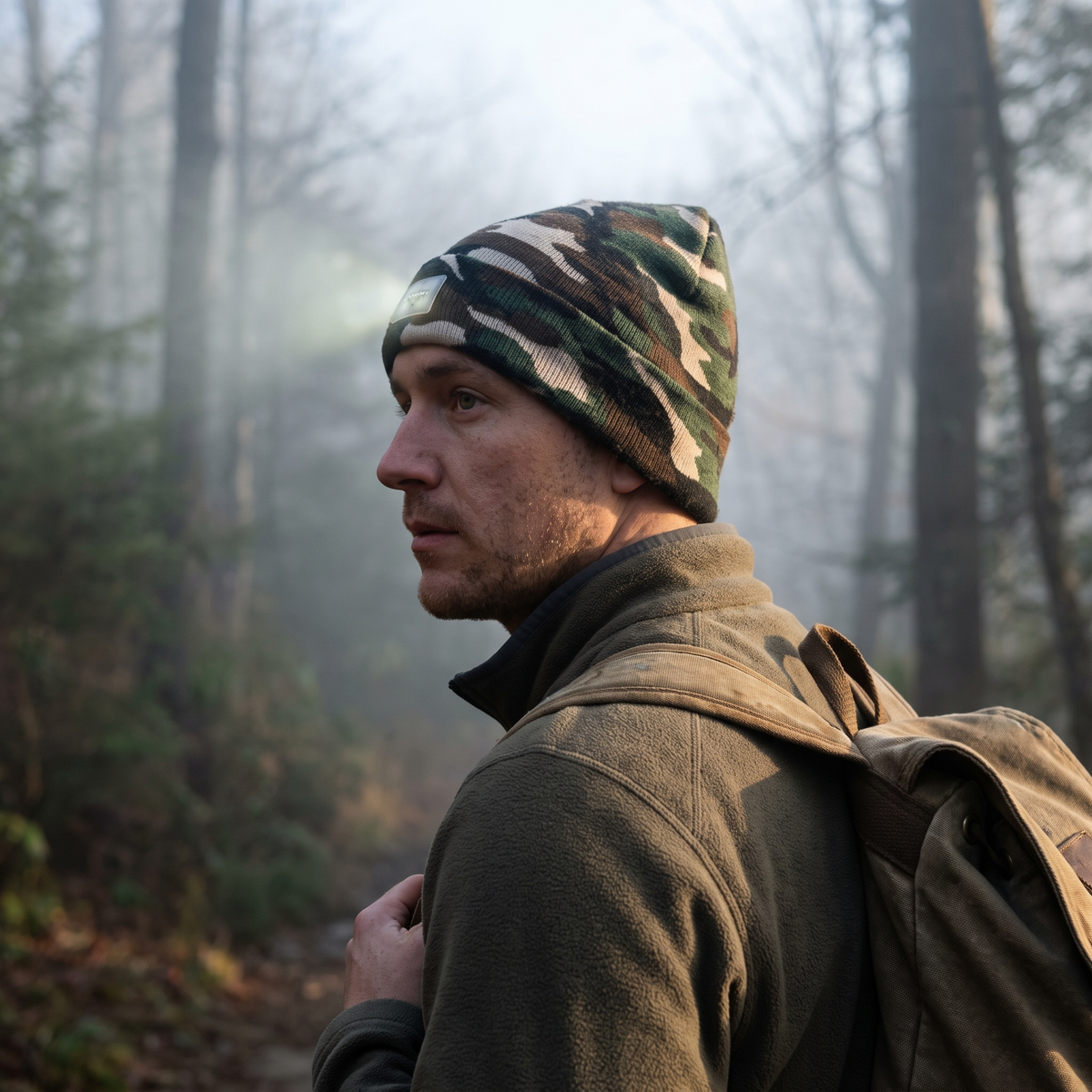 Hiker wearing the LED beanie on a misty forest trail at dawn