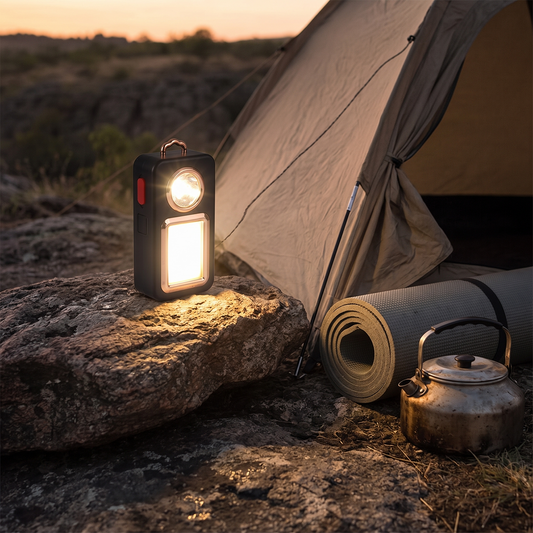 Solar rechargeable camping lamp lit on a rock beside a tent at dusk